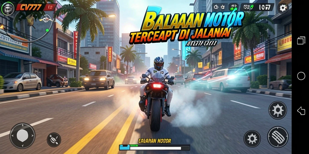 Tampilan gameplay seru dalam CV777 saat motor melaju kencang di trek balap.