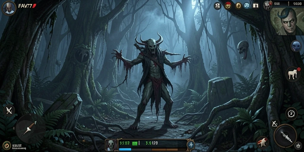 Screenshot gameplay FAV77 menampilkan suasana horor yang mencekam.