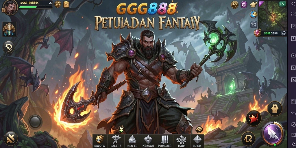 Screenshot gameplay GGG888 yang memperlihatkan pertarungan dan eksplorasi fantastis.