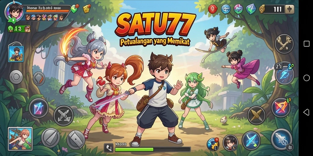 Screenshot utama SATU77 menampilkan pertarungan epik antara karakter Anime.