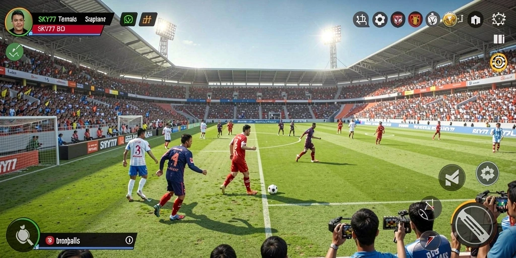 Tangkapan layar gameplay <strong>SKY77</strong> menunjukkan aksi sepak bola yang realistis.