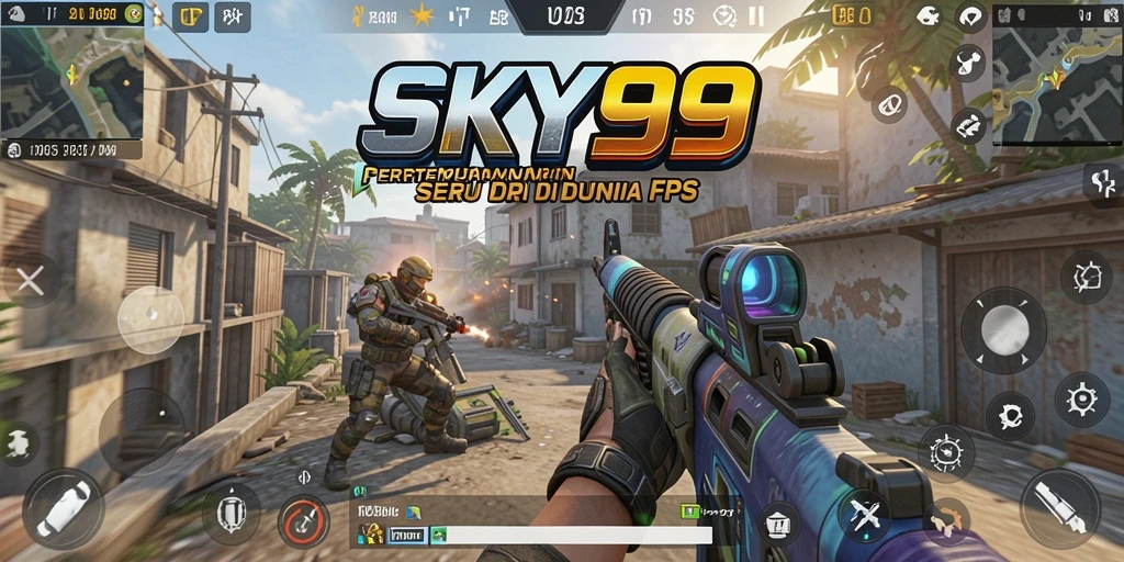 Screenshot SKY99 menunjukkan aksi intens dalam pertempuran FPS.