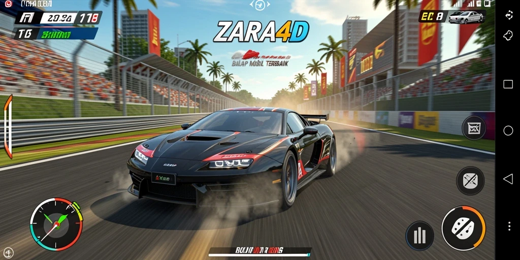 Gameplay ZARA4D menunjukkan aksi balap yang intens.