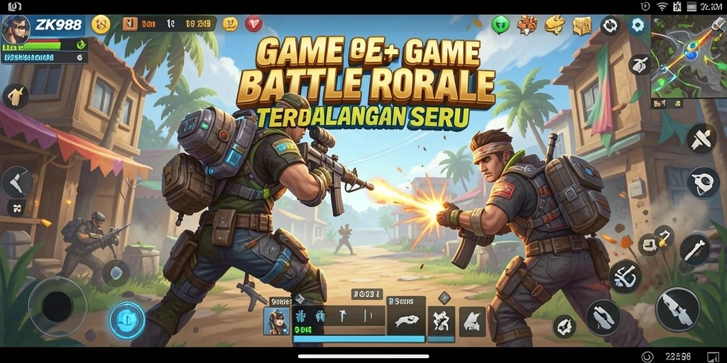Screenshot ZK988 menunjukkan aksi pertempuran intens dengan pemain bersenjata.
